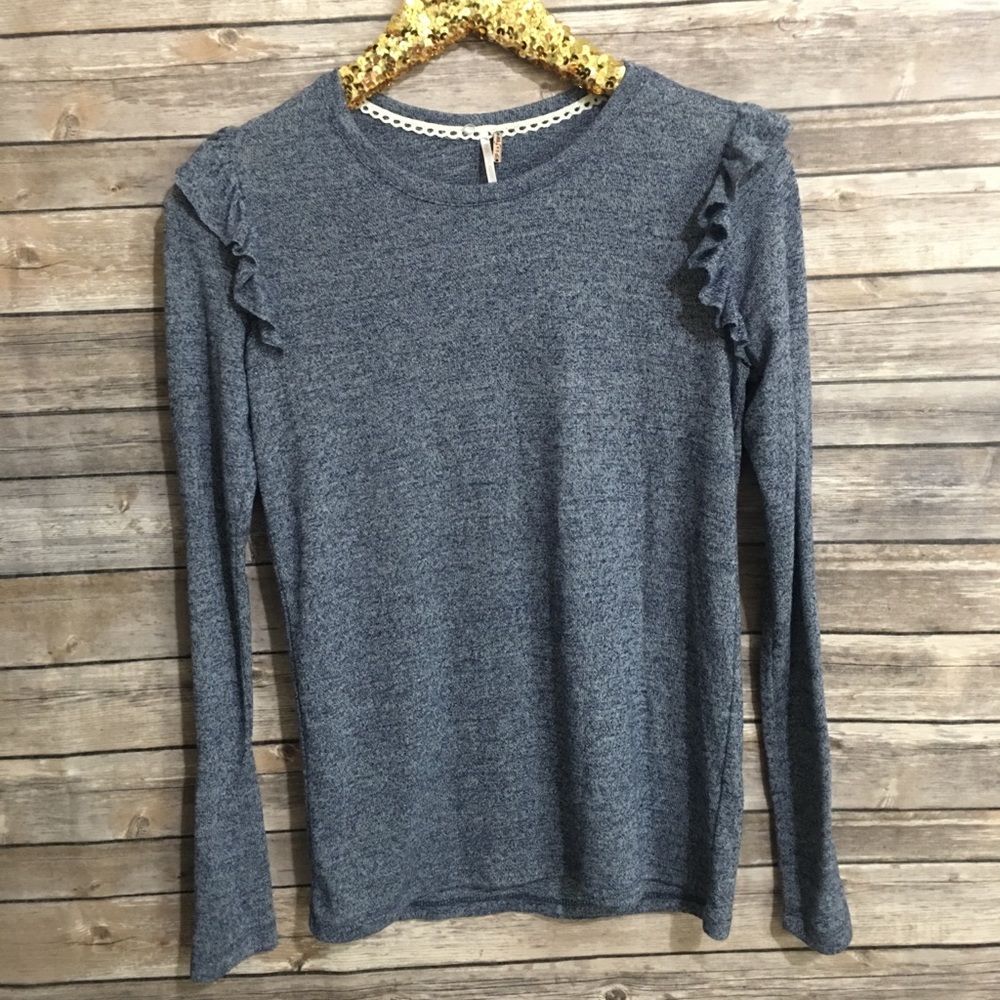 Poof ruffle shoulders long sleeve blue top shirt